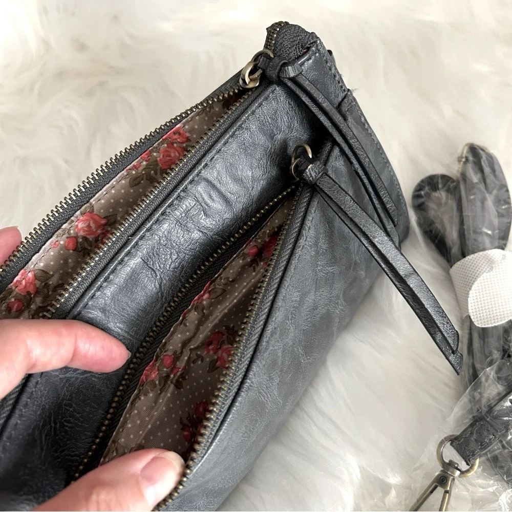 Joy Susan Crossbody Wristlet‎ Clutch with Shoulder Strap Gray Large 3-in-1